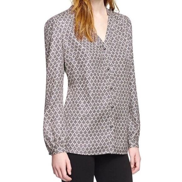 Tory Burch Cream Navy Silk Blend Button Front Long Sleeve Caralyn Blouse Size 12 - Picture 1 of 7